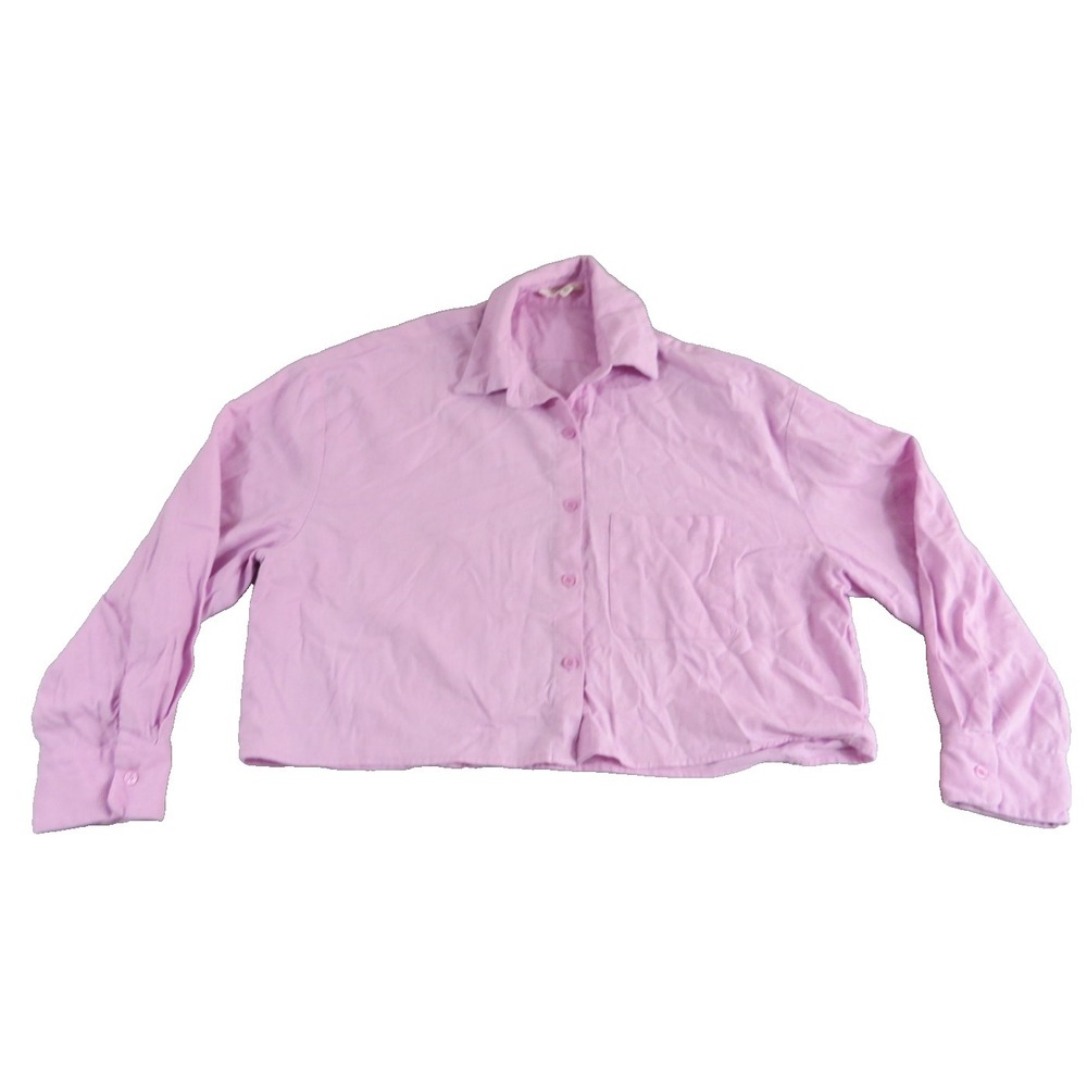 Entro Womens Cropped‎ Button Up Shirt M Pink Linen Blend Long Sleeve Boxy Pocket